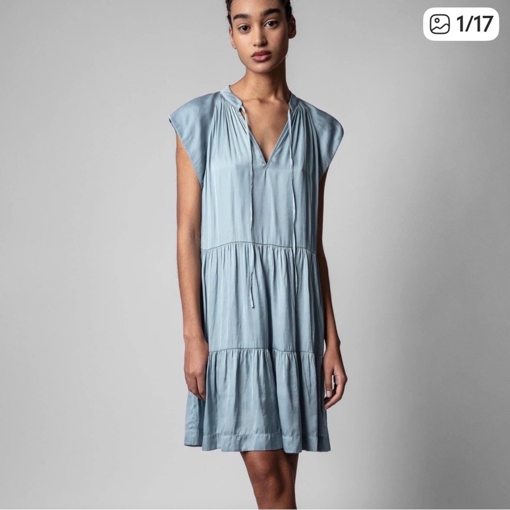 Zadig et Voltaire RITO SATIN blue tiered dress s silky flowy new